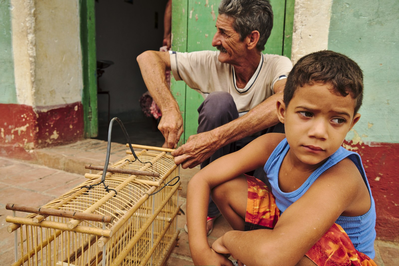 O rapaz não estava muito interessado em aprender como se construíam gaiolas para pássaros.
